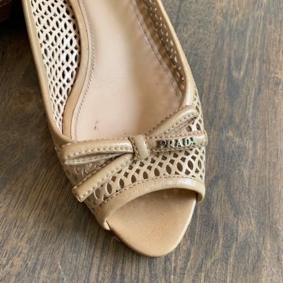 Prada Bow Peep Toe Cork Wedges - Picture 4 of 8